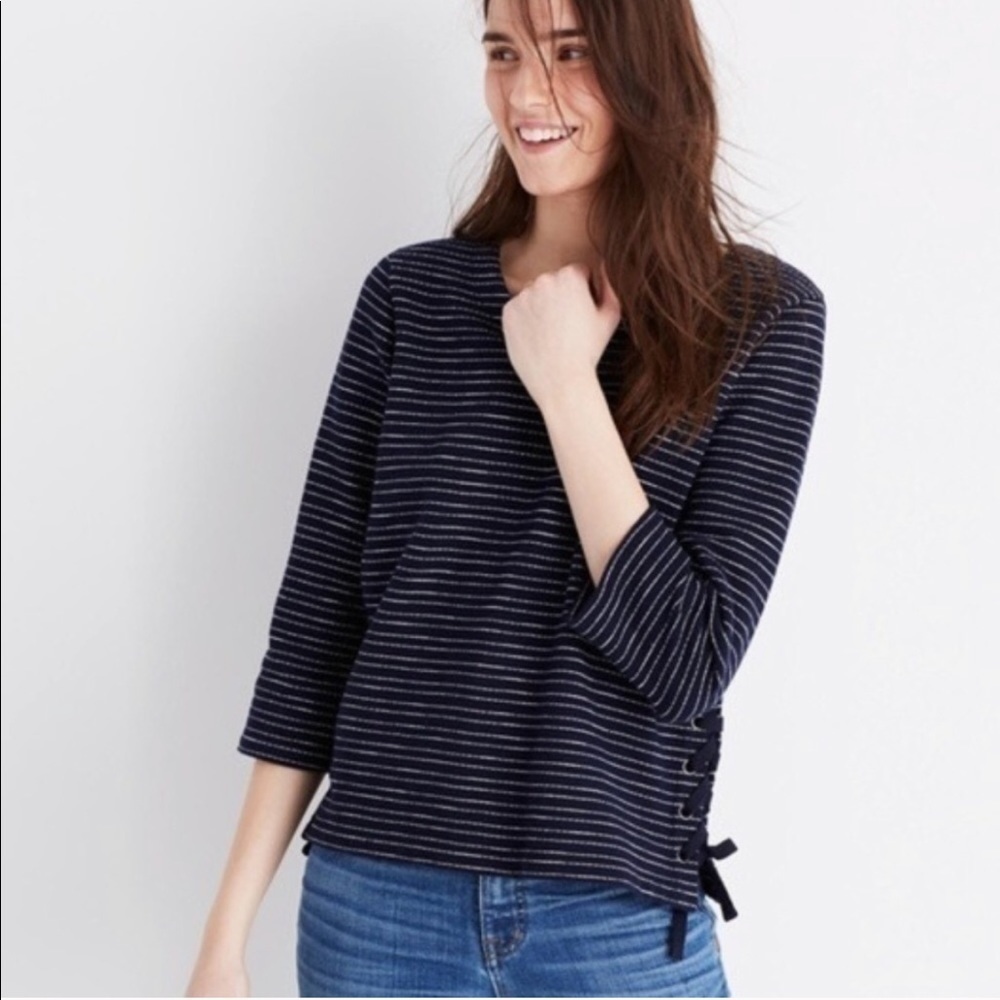 Madewell Navy Stripe Lace Up Top 3/4 Sleeve Blue White Small